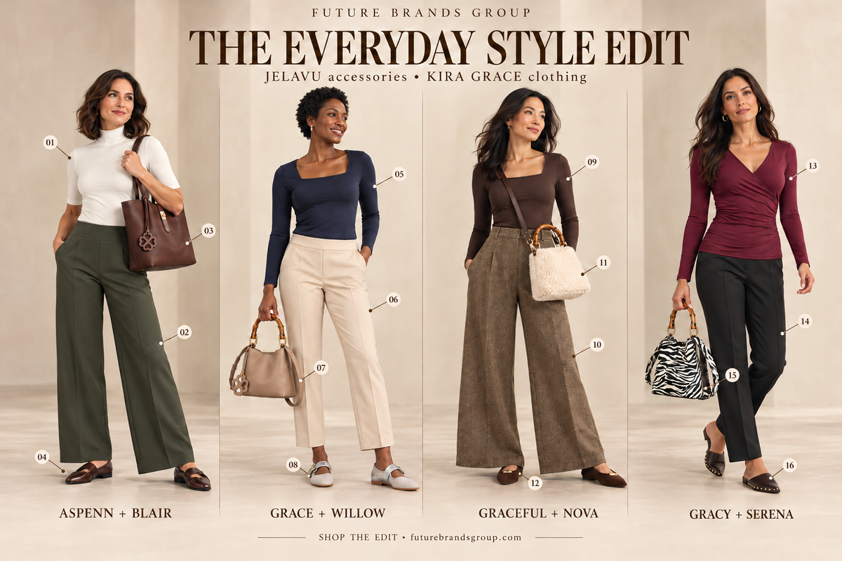 Four women wearing ivory and olive, navy and stone, sable and camel, and burgundy and black KIRA GRACE outfits with JELAVU bags and shoes, labeled 01 through 16.