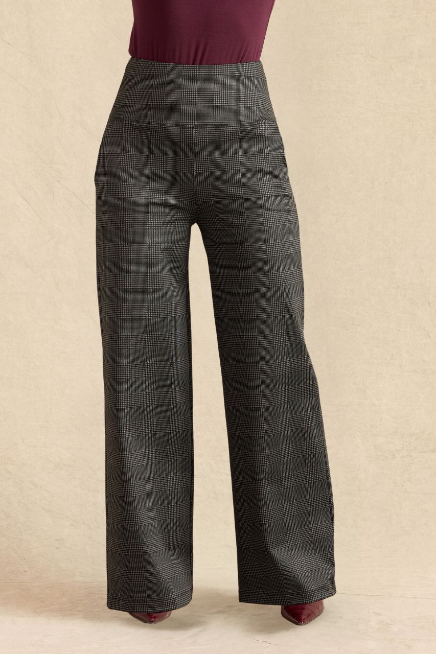 HIGH WAIST WIDE LEG PANT: CHARCOAL GLEN PLAID