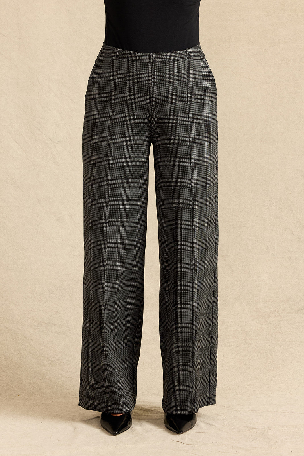 LEAH WIDE LEG PANT: CHARCOAL GLEN PLAID