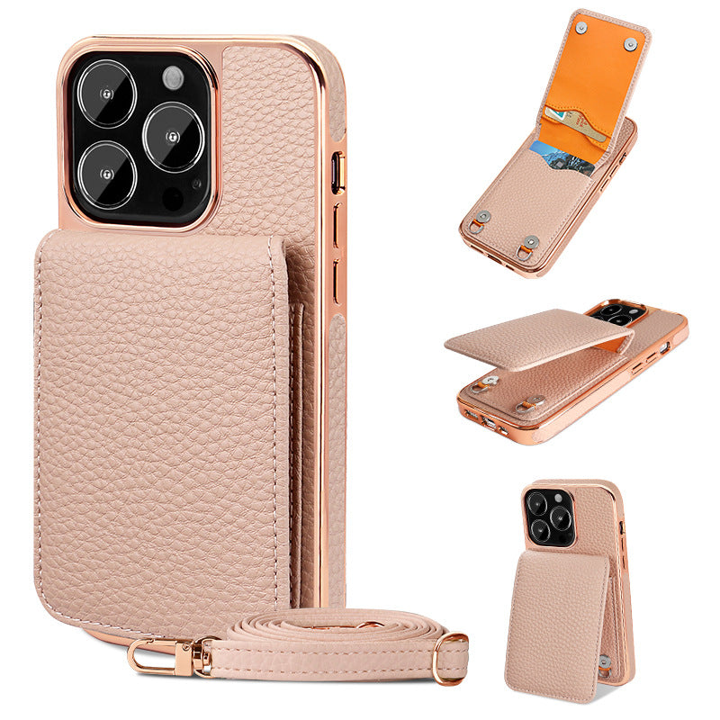 iPhone 14 Case with Wallet & Lanyard – Lychee-Textured Finish