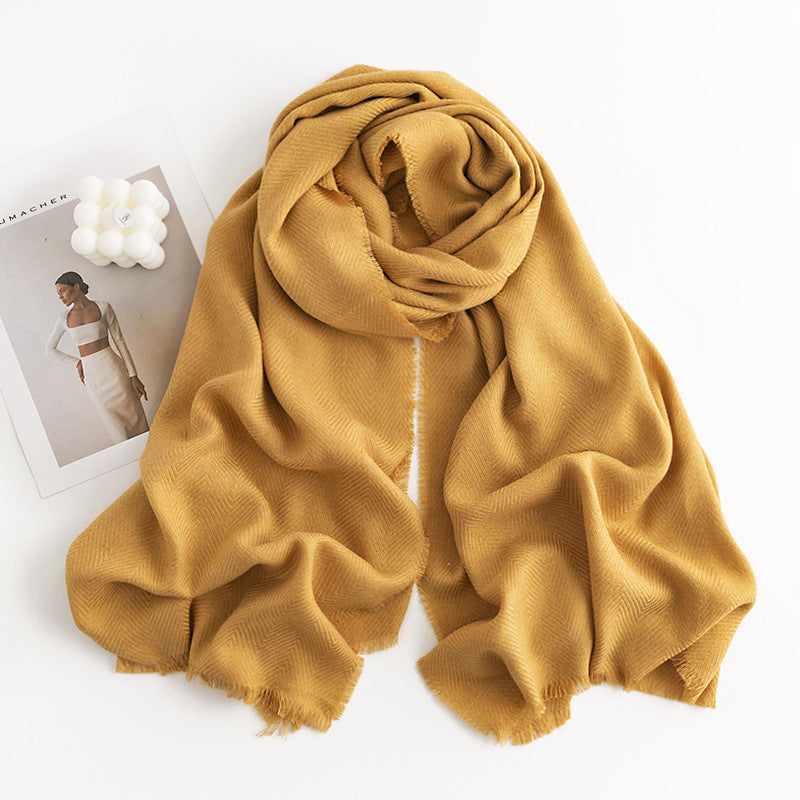 Herringbone Faux Cashmere Scarf with Tassel Fringe