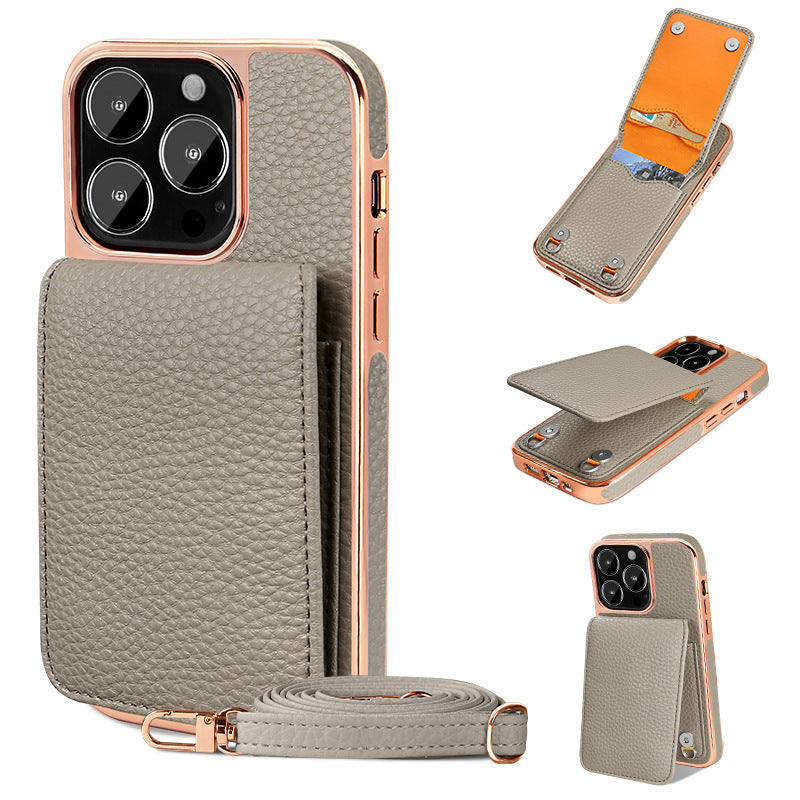 iPhone 14 Case with Wallet & Lanyard – Lychee-Textured Finish