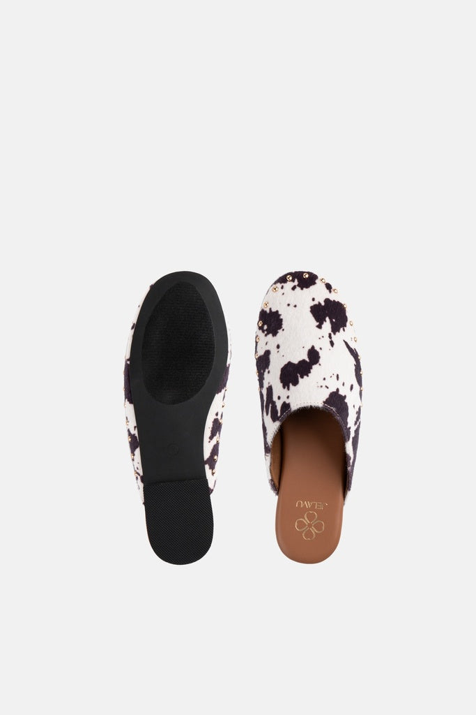 JELAVU Serena Studded Flat Mule in Black & White Cow Print - image 4