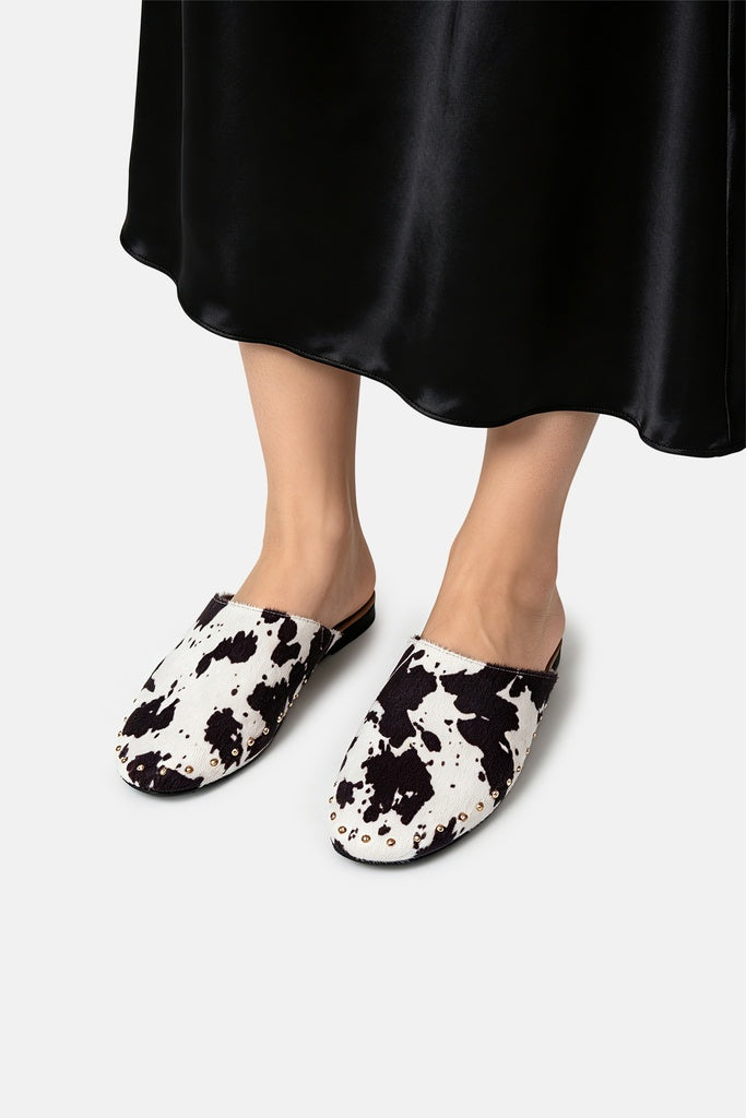 JELAVU Serena Studded Flat Mule in Black & White Cow Print - image 5