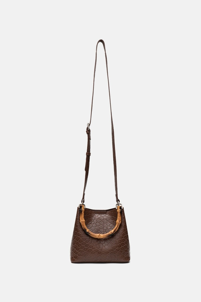 Jelavu Grace Croc Vegan Leather Bamboo Handle Bag in Brown