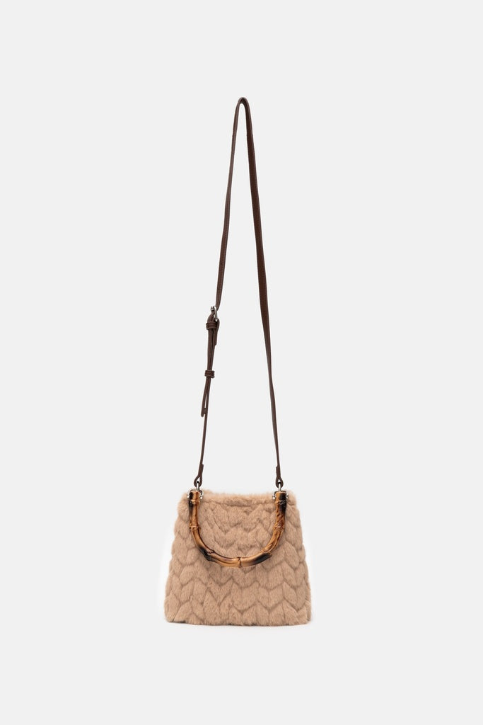 Jelavu Graceful Faux Fur Bamboo Handle Bag in Light Brown