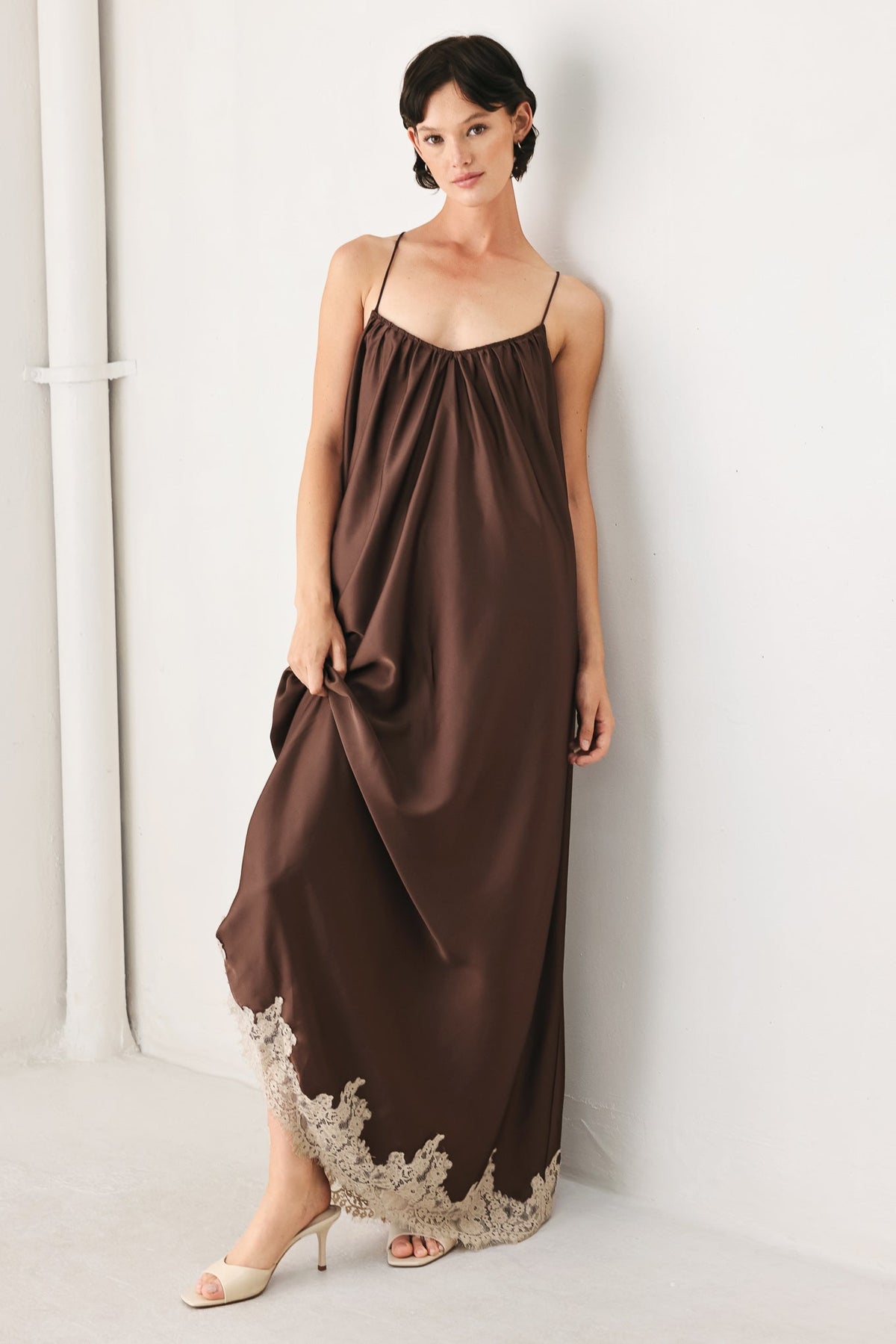 brown midi slip dress TRUFFLE DREAM WOVEN formal events Cecelia Avantive Women's Elegant Dusty Arm Length:35