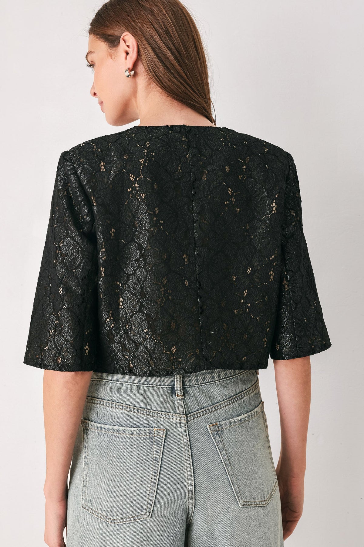 NOIR LACE AFFAIR BLACK/NUDE JEWEL-BUTTON CROPPED JACKET