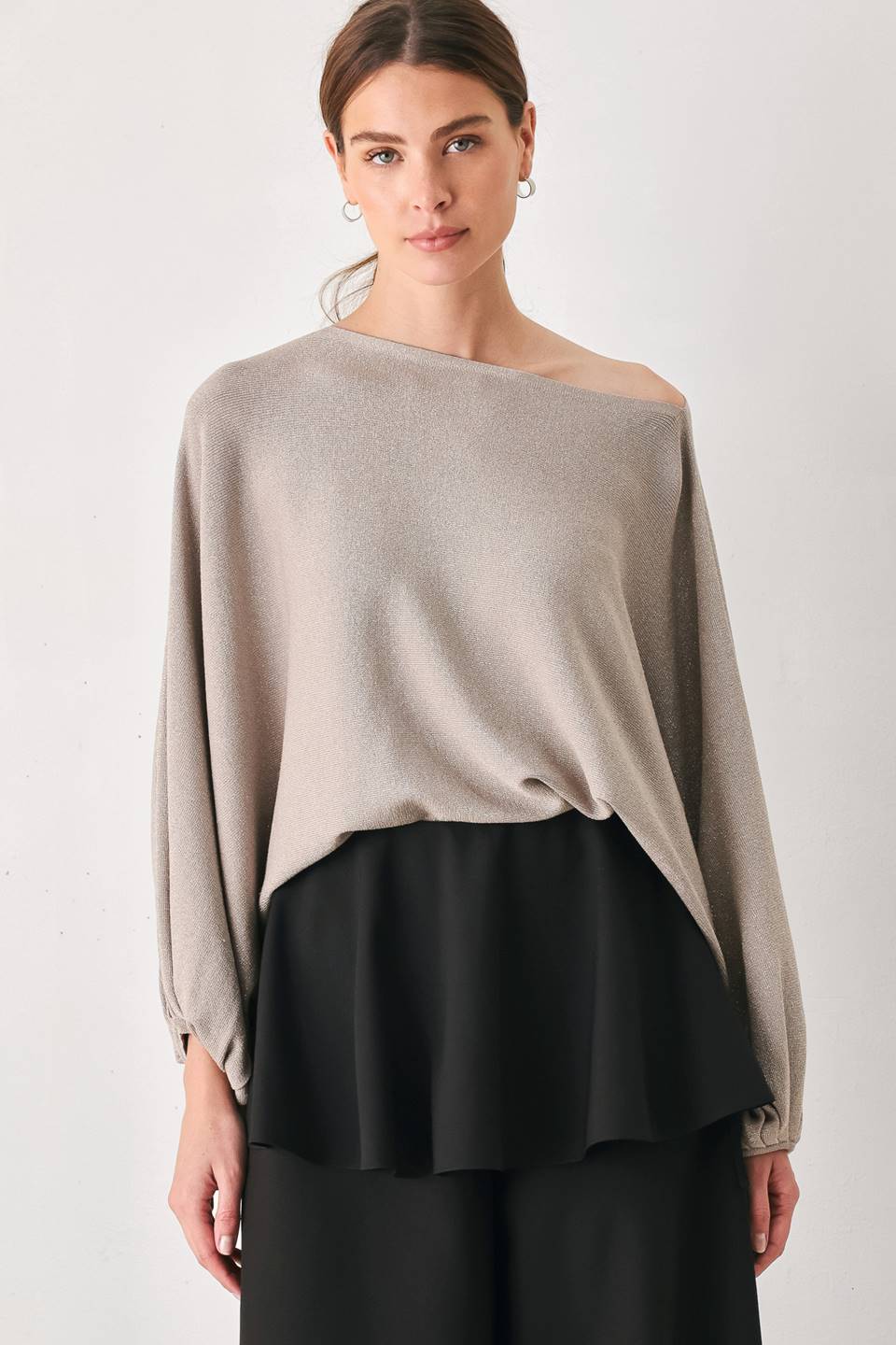 TAUPE SHIMMER METALLIC TAUPE BATWING SWEATER TOP