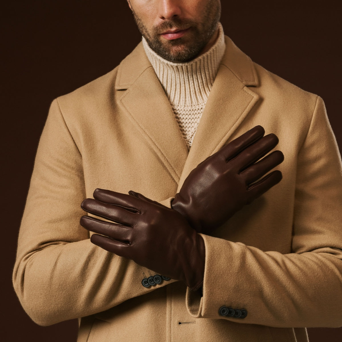Fabio (brown) - Men's classic Italian lambskin leather gloves with pure silk lining