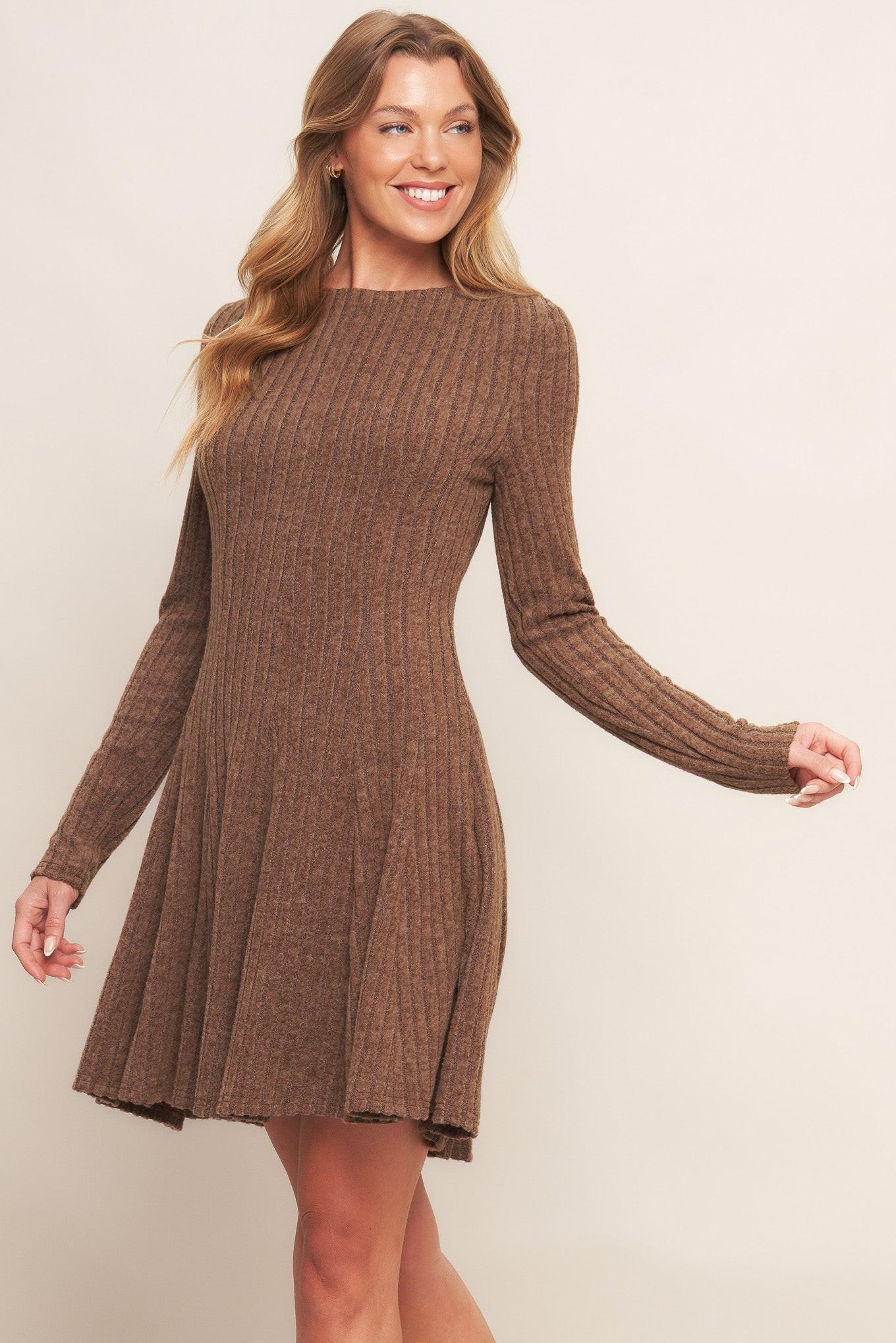 AUTUMN COFFEE BRONW KNIT MINI DRESS L Flying Tomato BROWN / L
