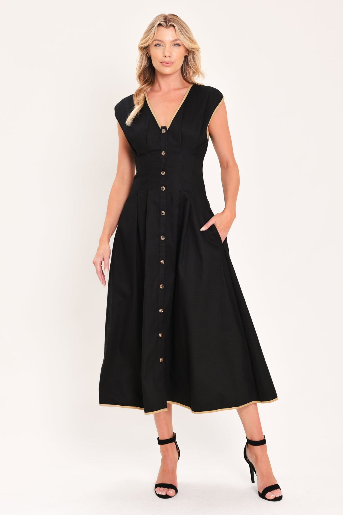 NIGHTFALL GOLD ACCENT WOVEN MIDI DRESS, BLACK/TAUPE / M