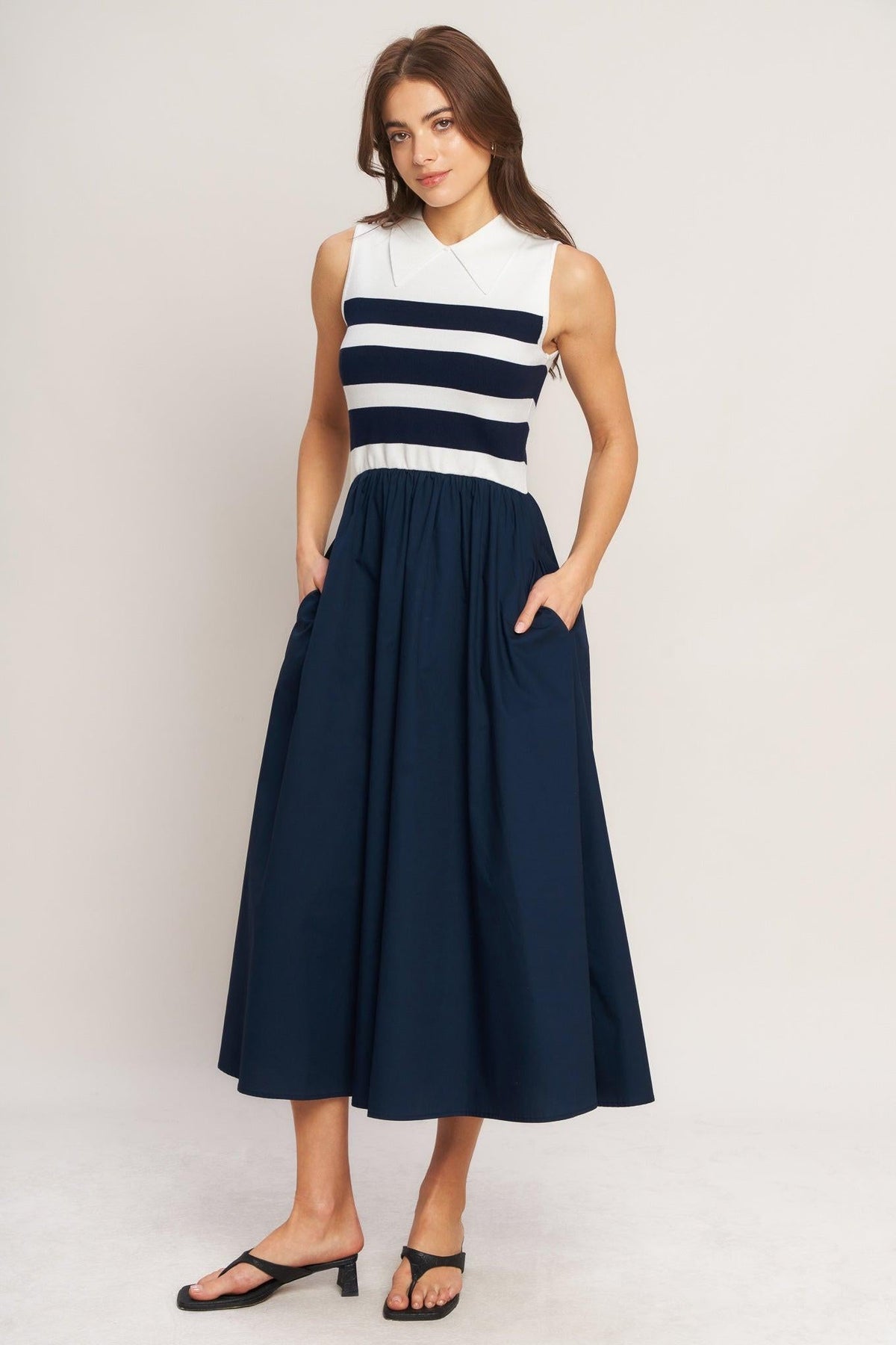STRIPE ELEGANCE SWEATER WOVEN MIDI DRESS