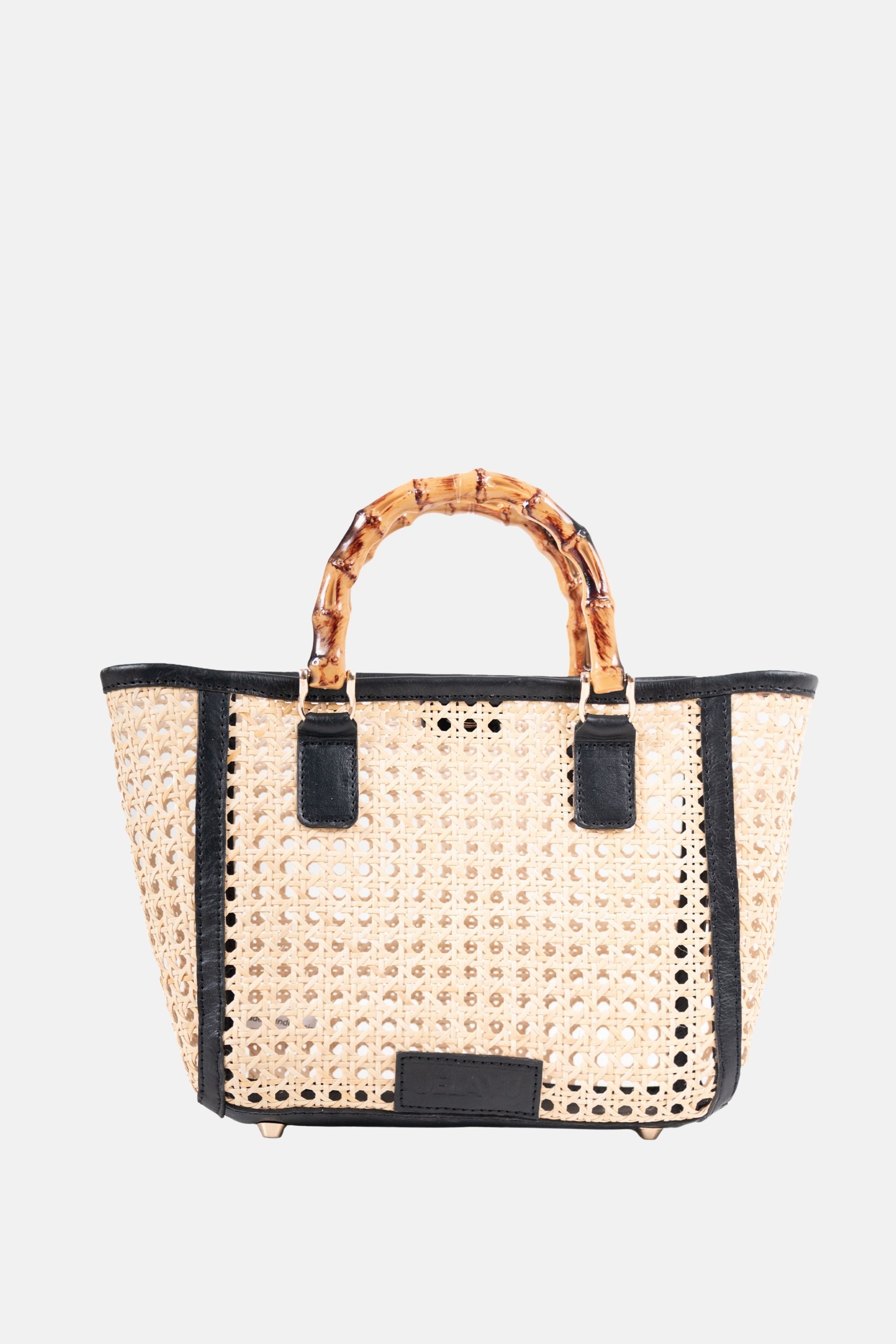 Jelavu - Bristol Medium Cane Tote with Bamboo Handle- Black Leather