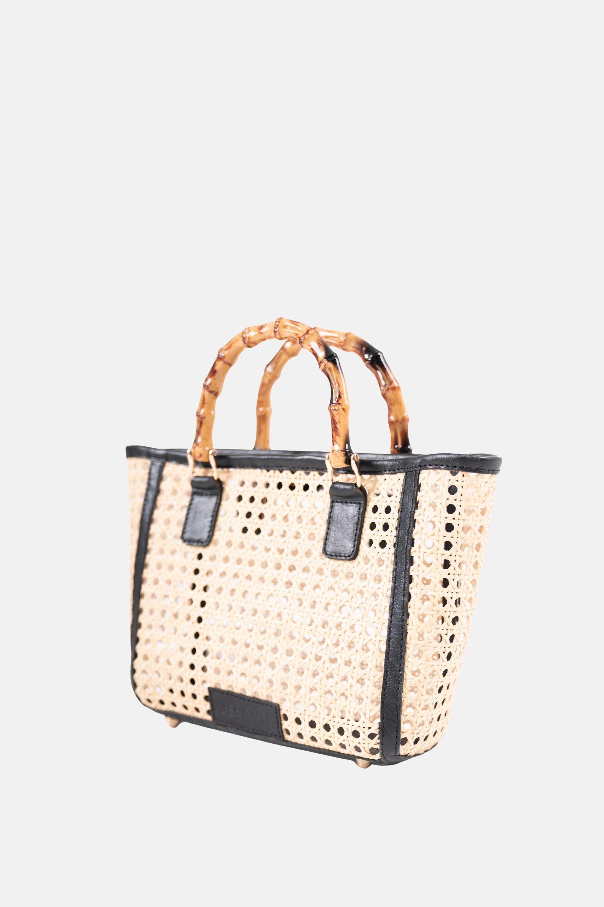 Jelavu - Bristol Medium Cane Tote with Bamboo Handle- Black Leather