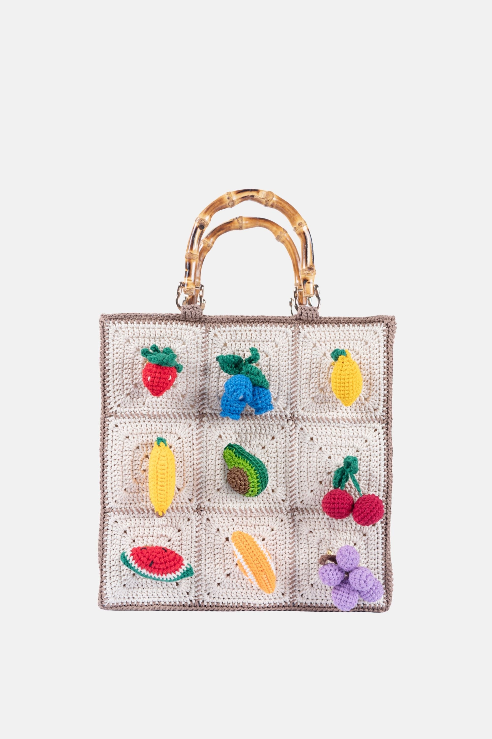 Jelavu - Calista Beige Chochet Bamboo Handle Crossbody with Fruit Charms