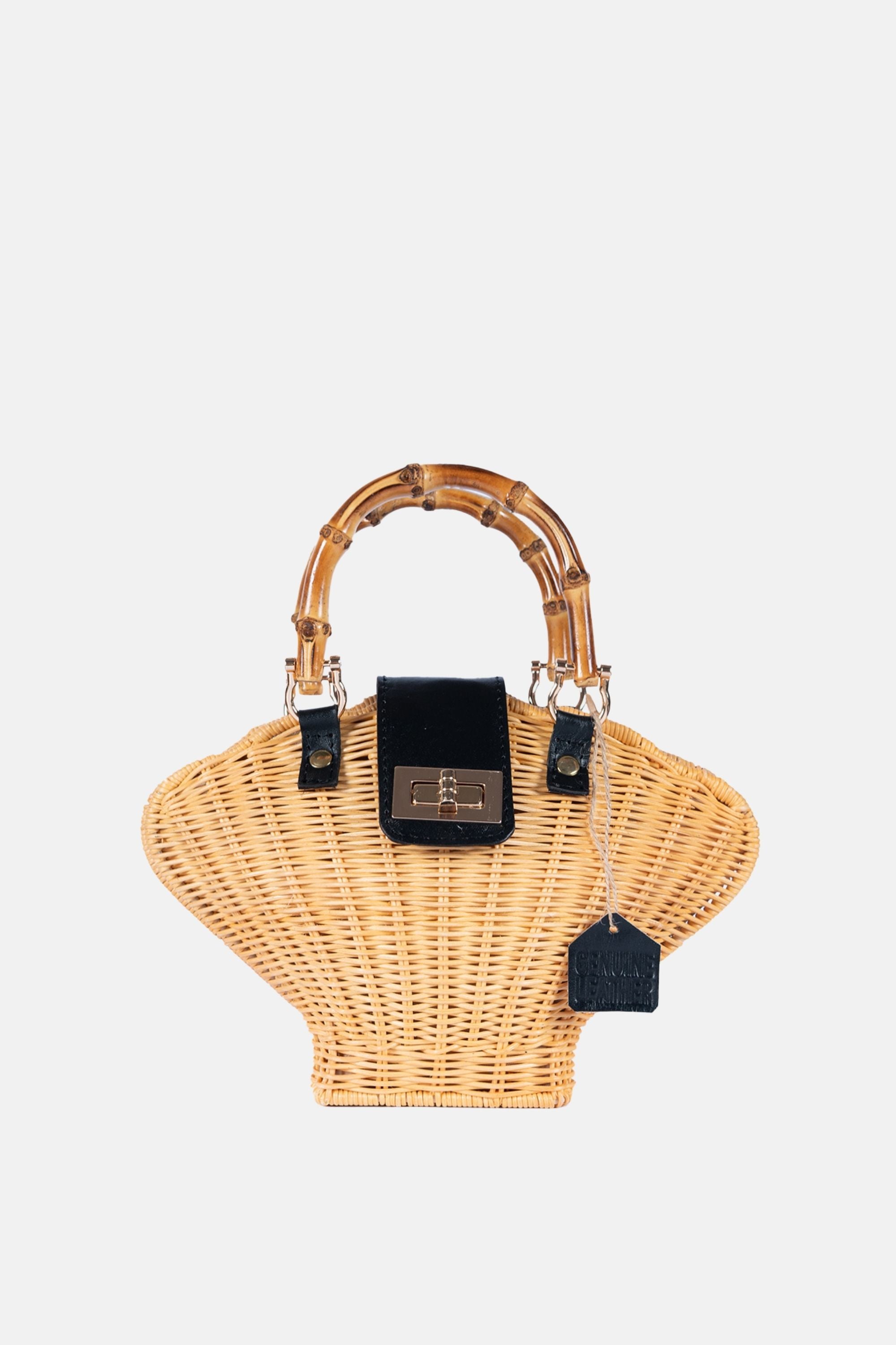 Jelavu - Maree Bamboo Handle Rattan Medium Crossbody - Black Leather / Natural