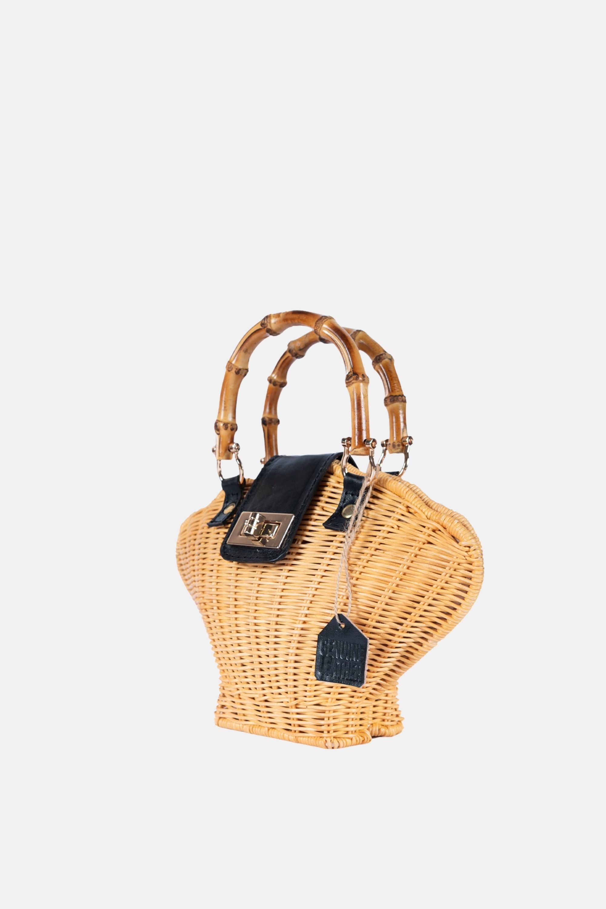 Jelavu - Maree Bamboo Handle Rattan Medium Crossbody - Black Leather / Natural