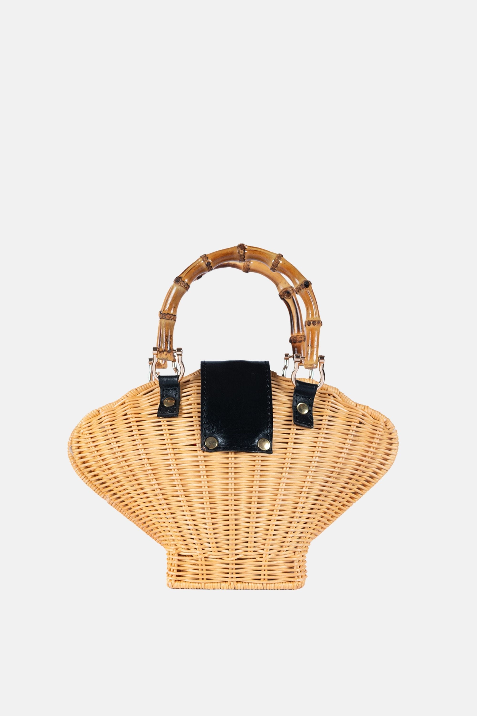Maree Bamboo Handle Rattan Medium Crossbody - Black Leather / Natural