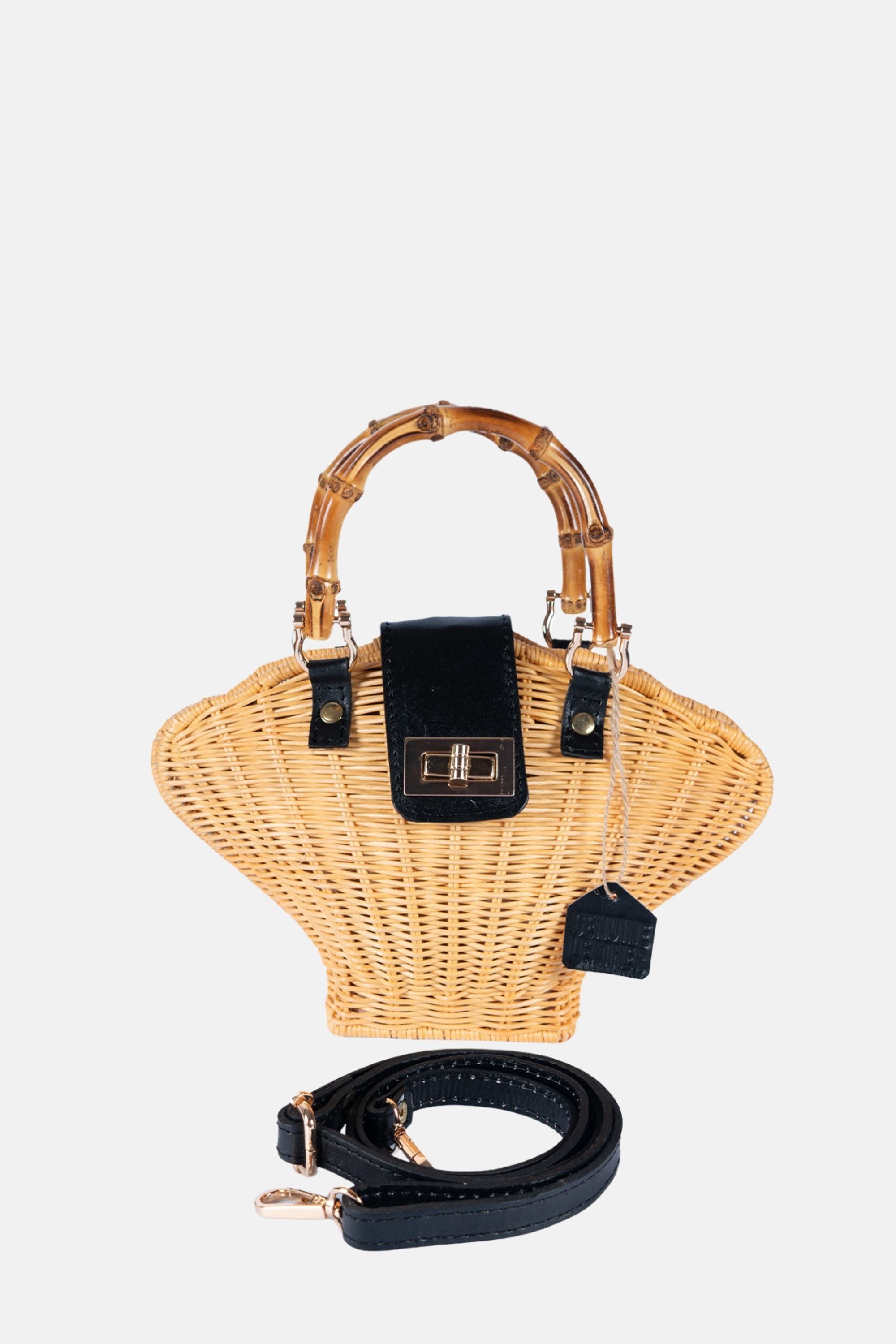 Maree Bamboo Handle Rattan Medium Crossbody - Black Leather / Natural