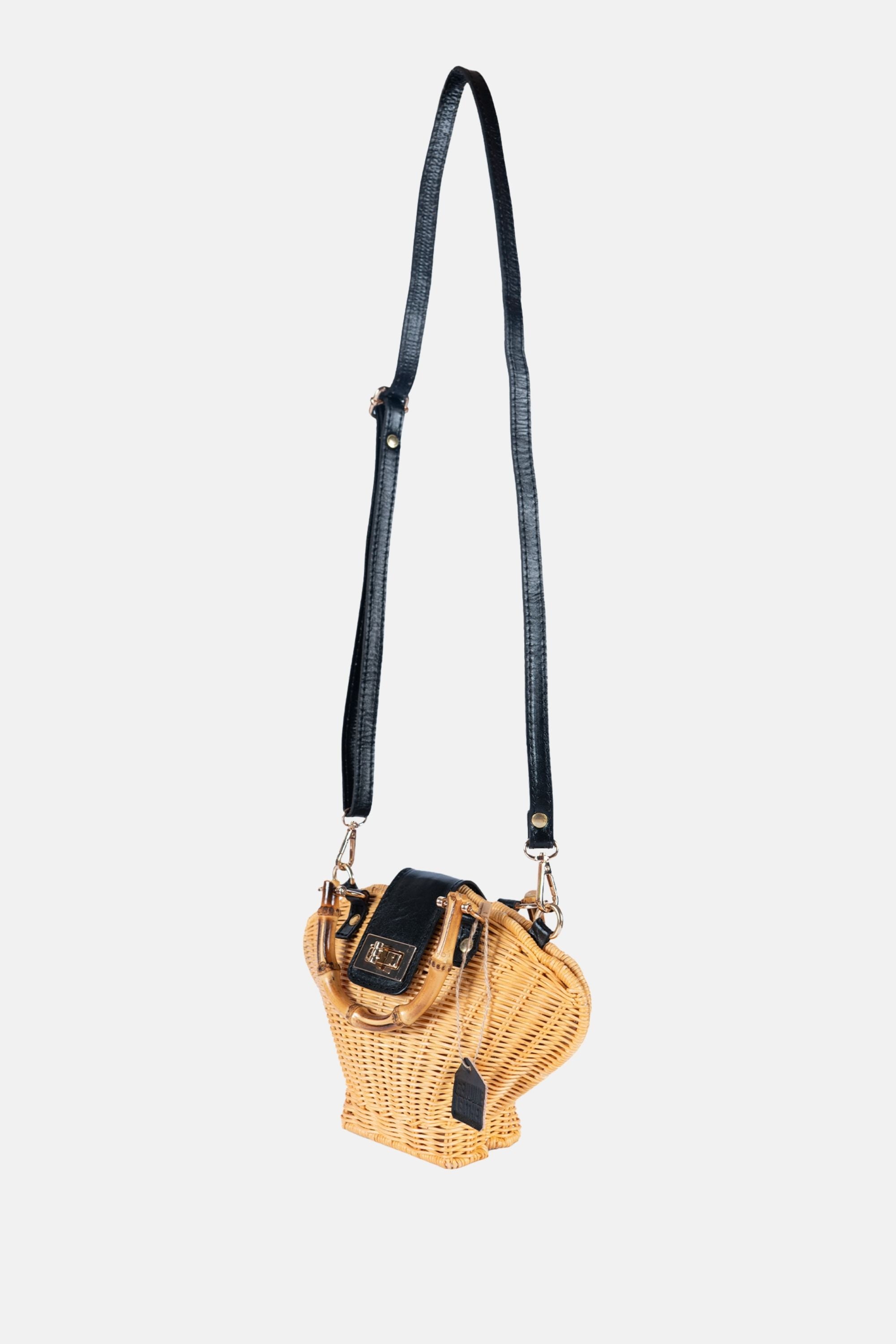 Maree Bamboo Handle Rattan Medium Crossbody - Black Leather / Natural