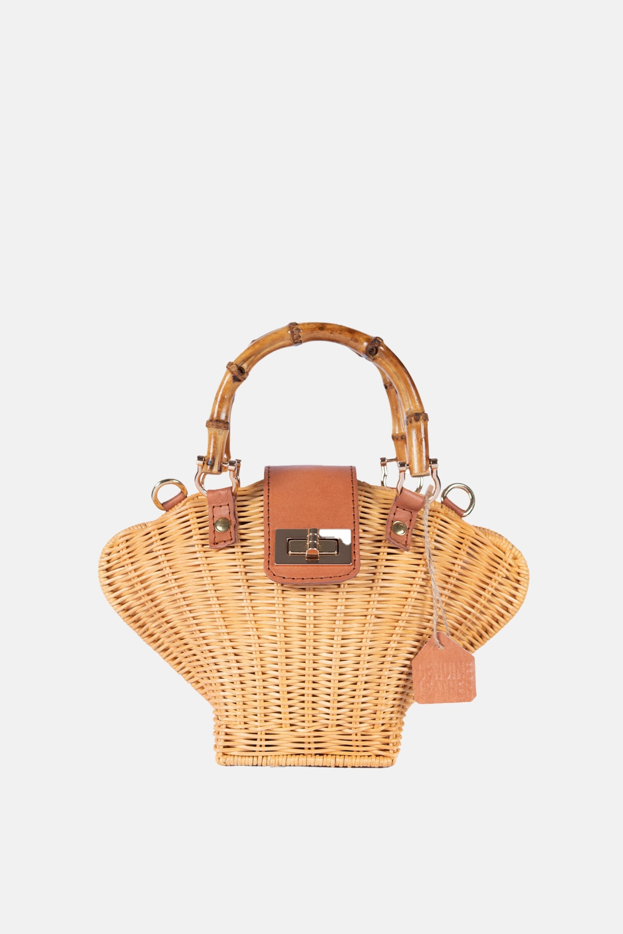 Jelavu - Maree Bamboo Handle Rattan Medium Crossbody - Tan Leather / Natural