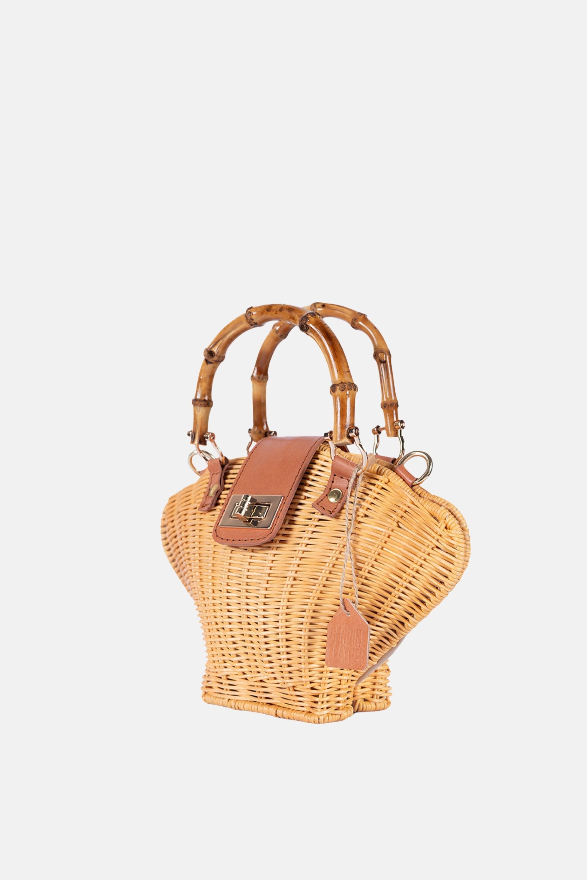 Jelavu - Maree Bamboo Handle Rattan Medium Crossbody - Tan Leather / Natural