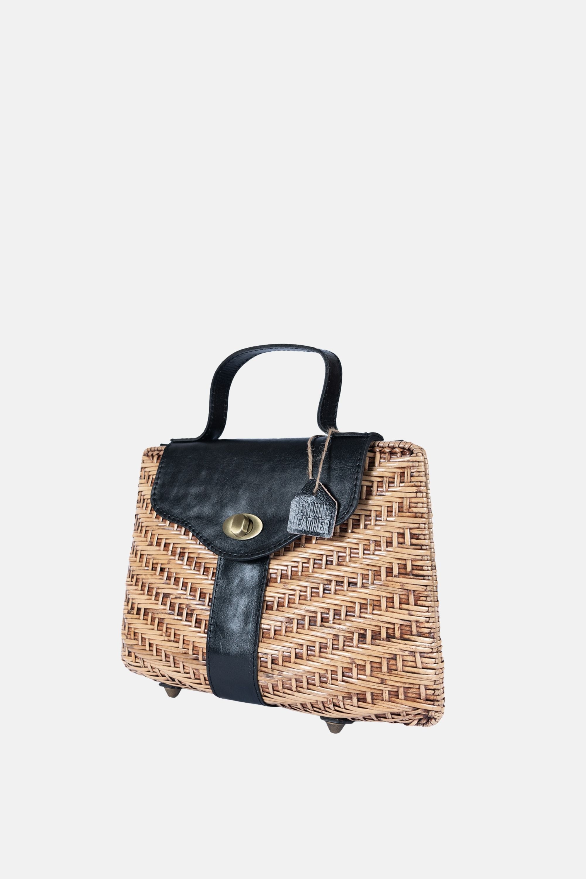 Jelavu - Nori - Top Handle Rattan Medium Crossbody - Black Leather
