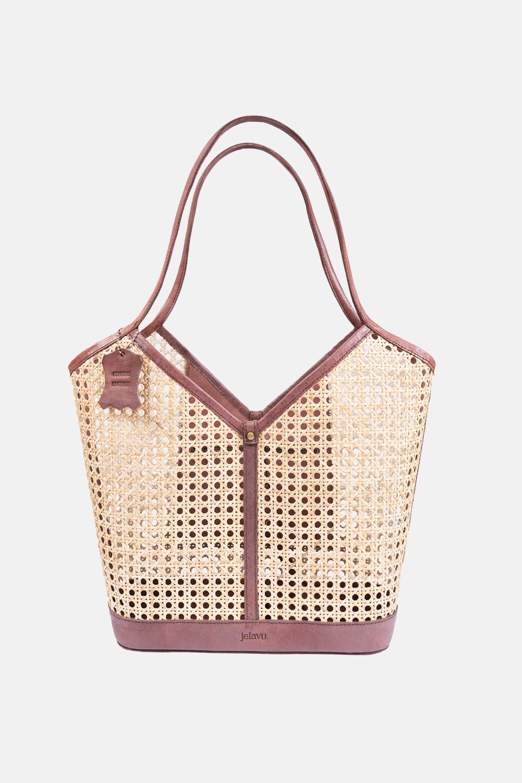Jelavu - Ophelia Cane Large Tote Bag - Chocolate Leather Trim