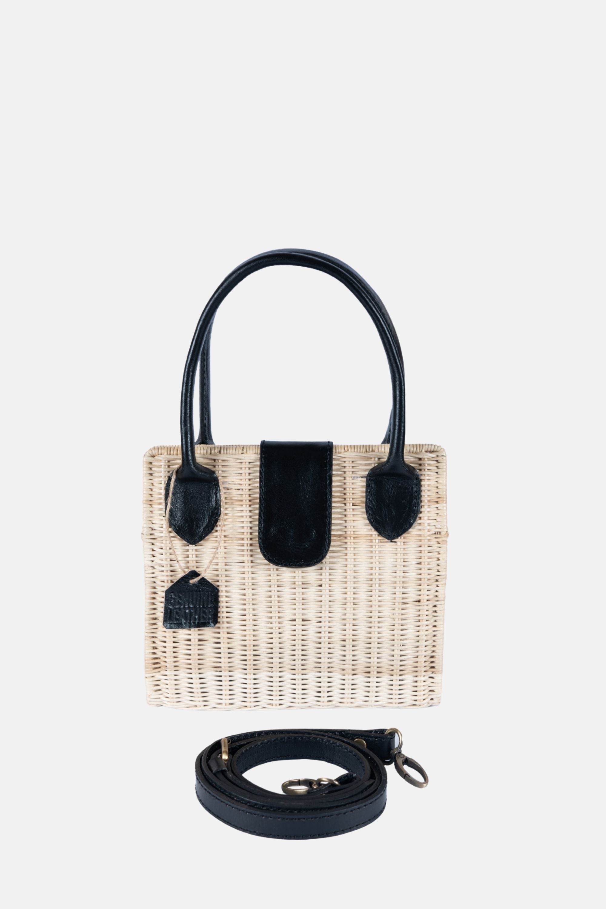 Piper Rattan Medium Crossbody - Black Leather