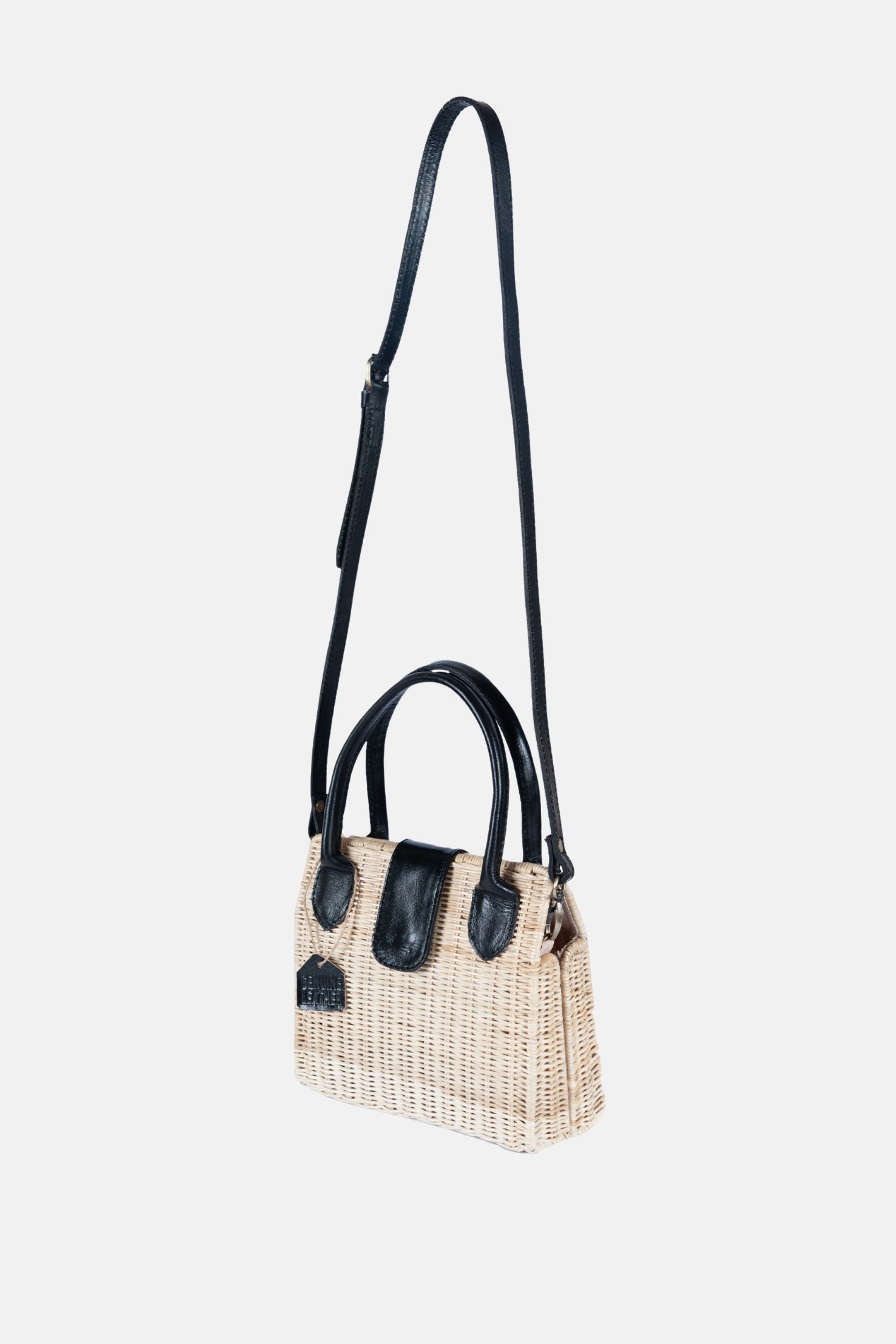 Piper Rattan Medium Crossbody - Black Leather