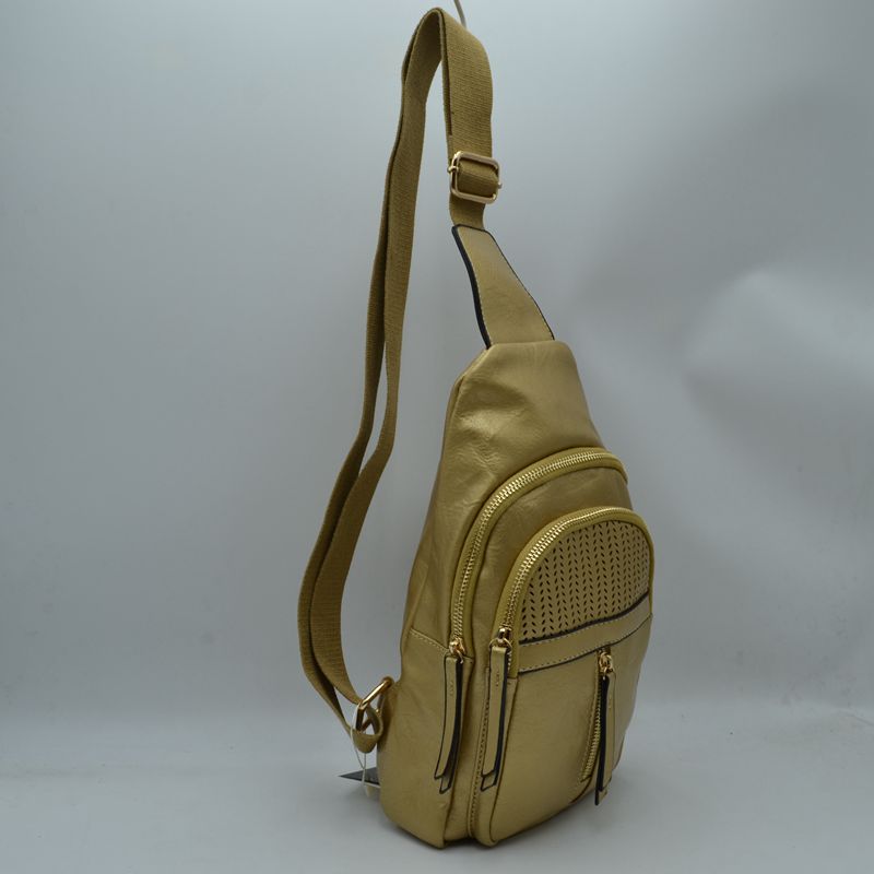 Grained Sling Bag with Perforated Accent and Gold Zippers