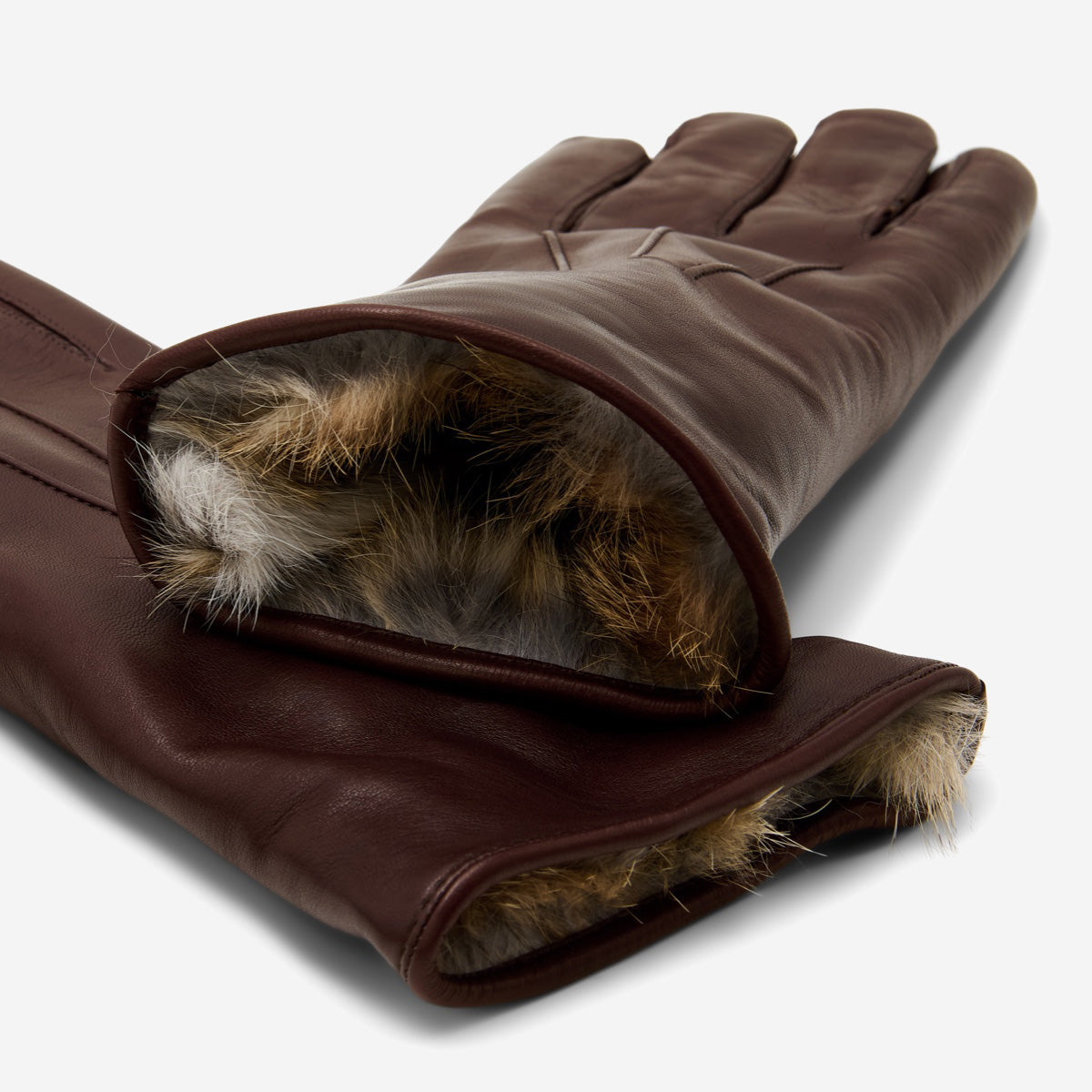 Luciana (brown) - Extended women's Italian lambskin leather gloves with rabbit fur lining