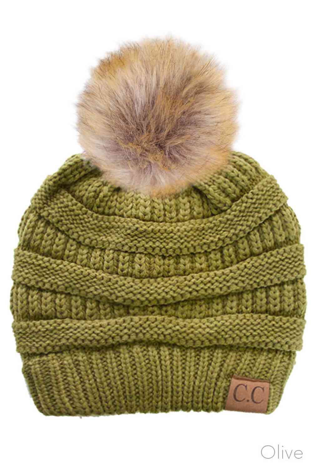 C.C Solid Ribbed Knit Beanie with Pom