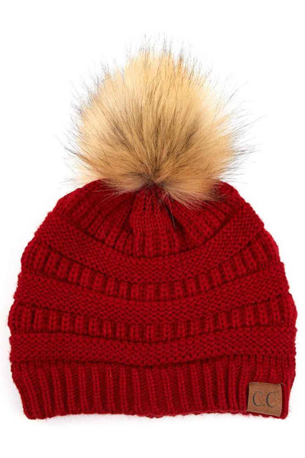 C.C Solid Ribbed Knit Beanie with Pom