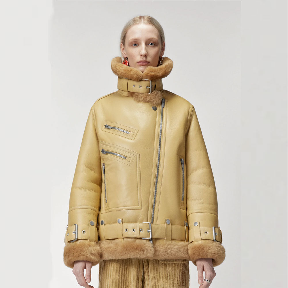 Women Light Brown RAF Aviator Styled Sheepskin Shearling Leather Jacket