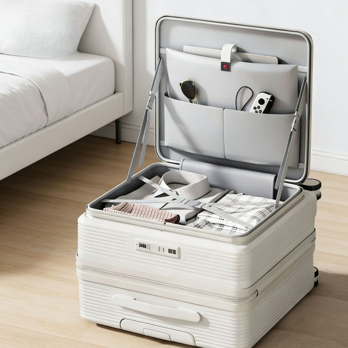20-Inch Carry-On Suitcase with Side Opening, Cup Holder, USB Port & Combination Lock