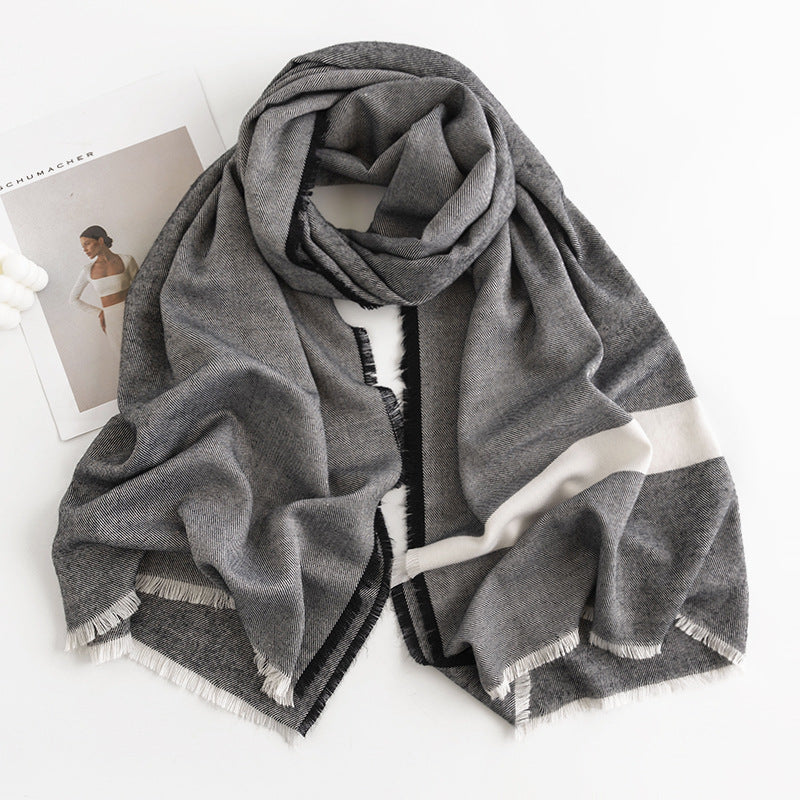 Herringbone Faux Cashmere Scarf with Tassel Fringe