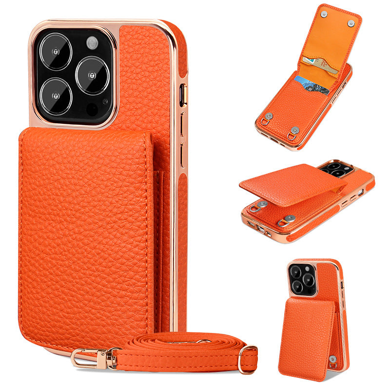 iPhone 14 Case with Wallet & Lanyard – Lychee-Textured Finish