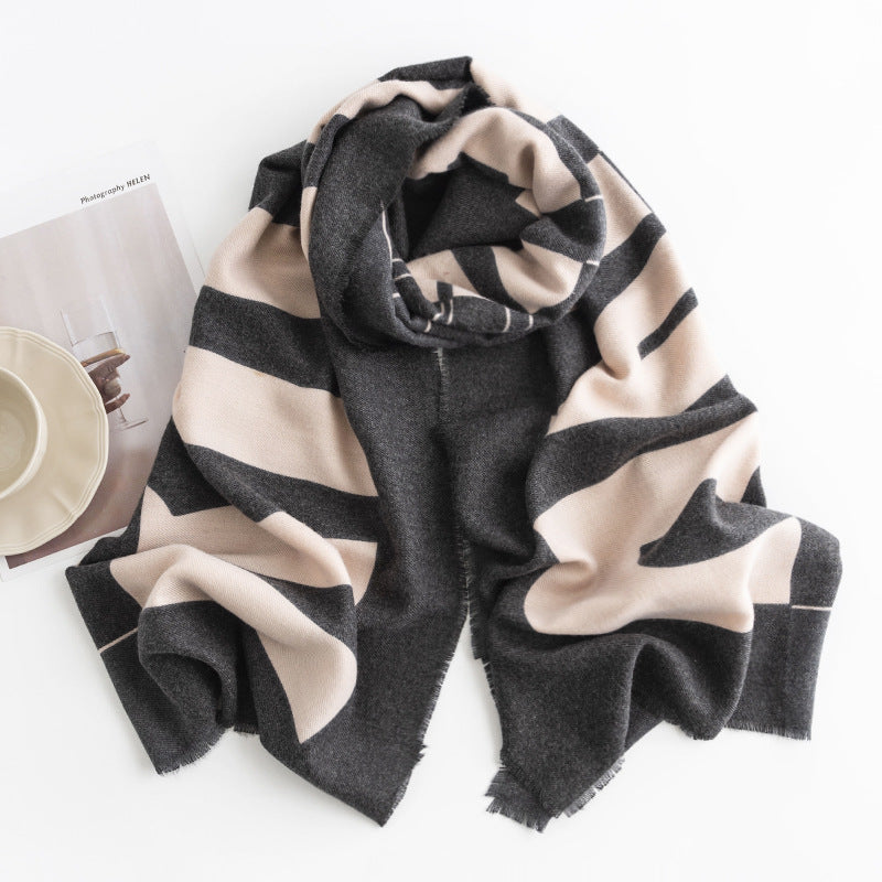 Herringbone Faux Cashmere Scarf with Tassel Fringe