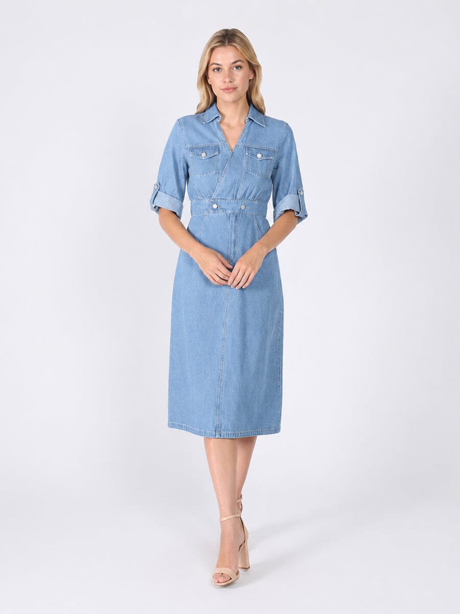 Gracia Fashion Women's Denim Collar V-Neck Dress