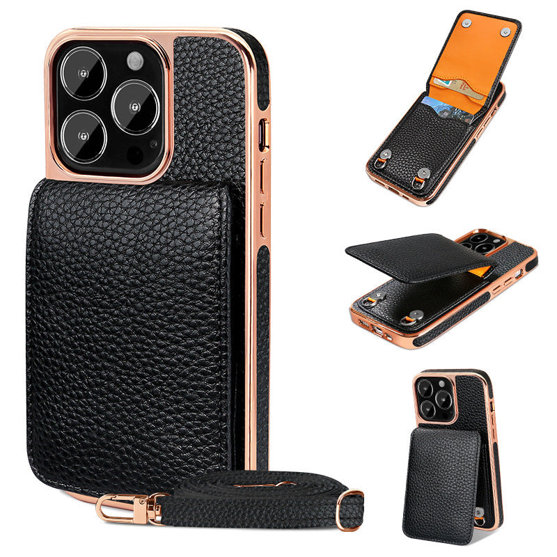 iPhone 14 Case with Wallet & Lanyard – Lychee-Textured Finish