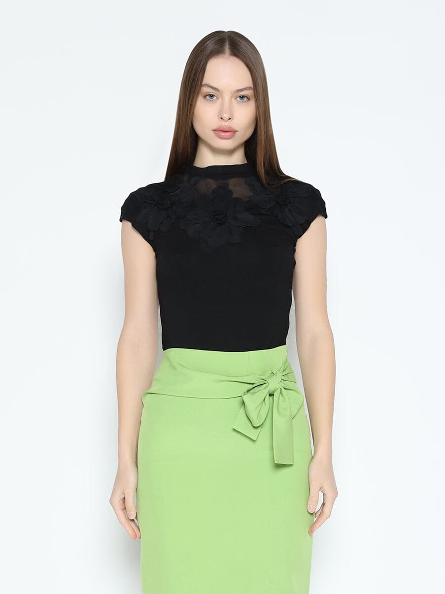 Gracia Fashion Women's Flower Applique Mock Neck Cap Sleeve Top