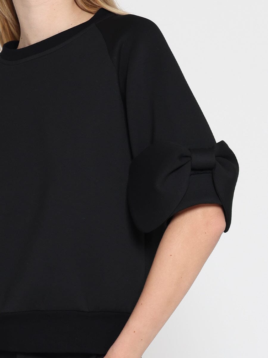 Gracia Fashion Women's Bow detail sleeve round neck solid top