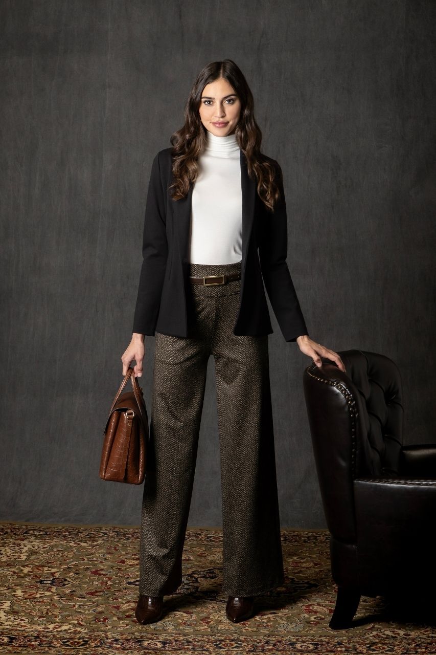HIGH WAIST WIDE LEG PANT: HERRINGBONE CAMEL