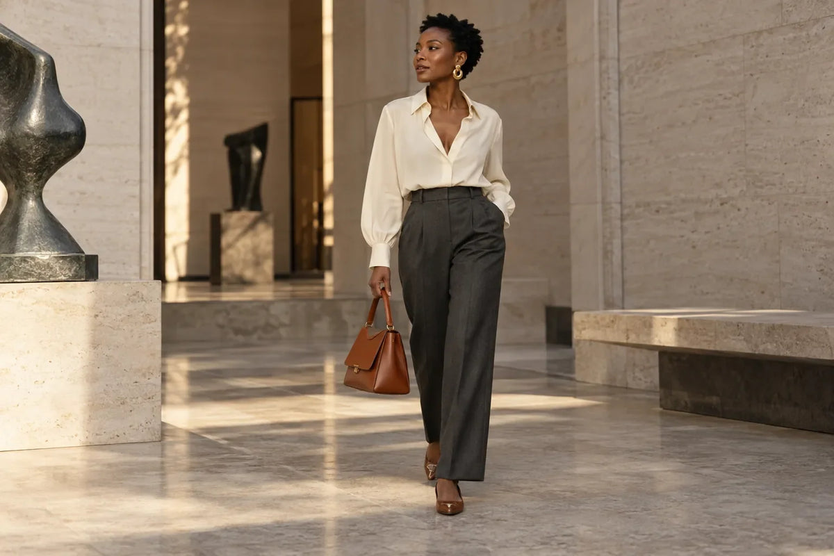 Woman in an ivory blouse and charcoal trousers carrying a cognac handbag in a stone gallery