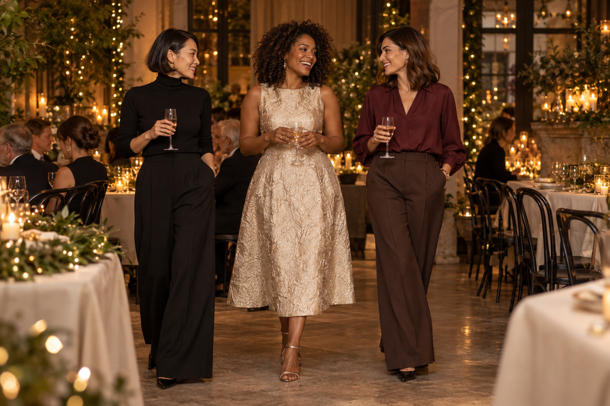 Holiday outfit inspiration: black separates, a champagne dress, and burgundy with chocolate trousers.