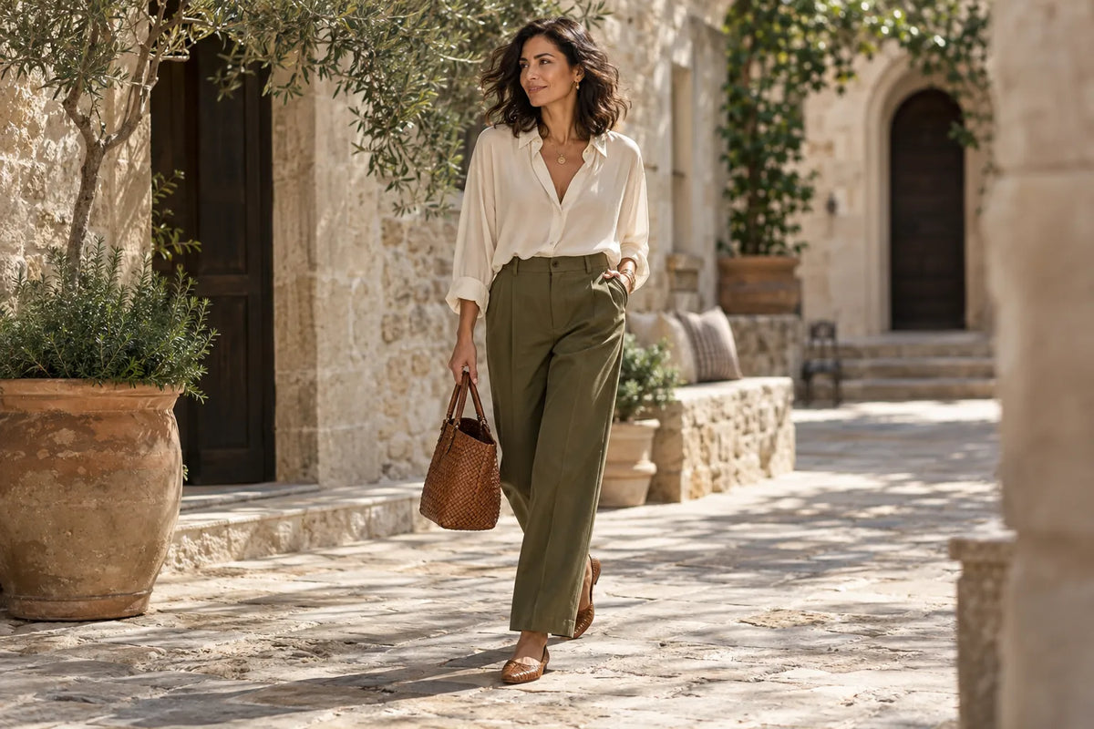 Woman in an ivory blouse and olive trousers carrying a woven cognac bag in a sunlit stone courtyard