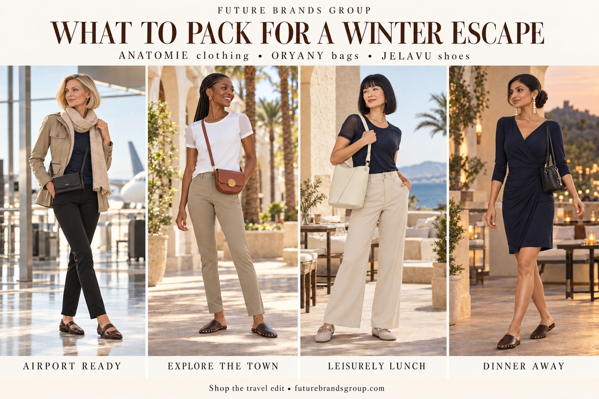 Four women in ANATOMIE travel outfits with ORYANY bags and JELAVU shoes for an airport, town, lunch, and dinner look on a sunny winter getaway.