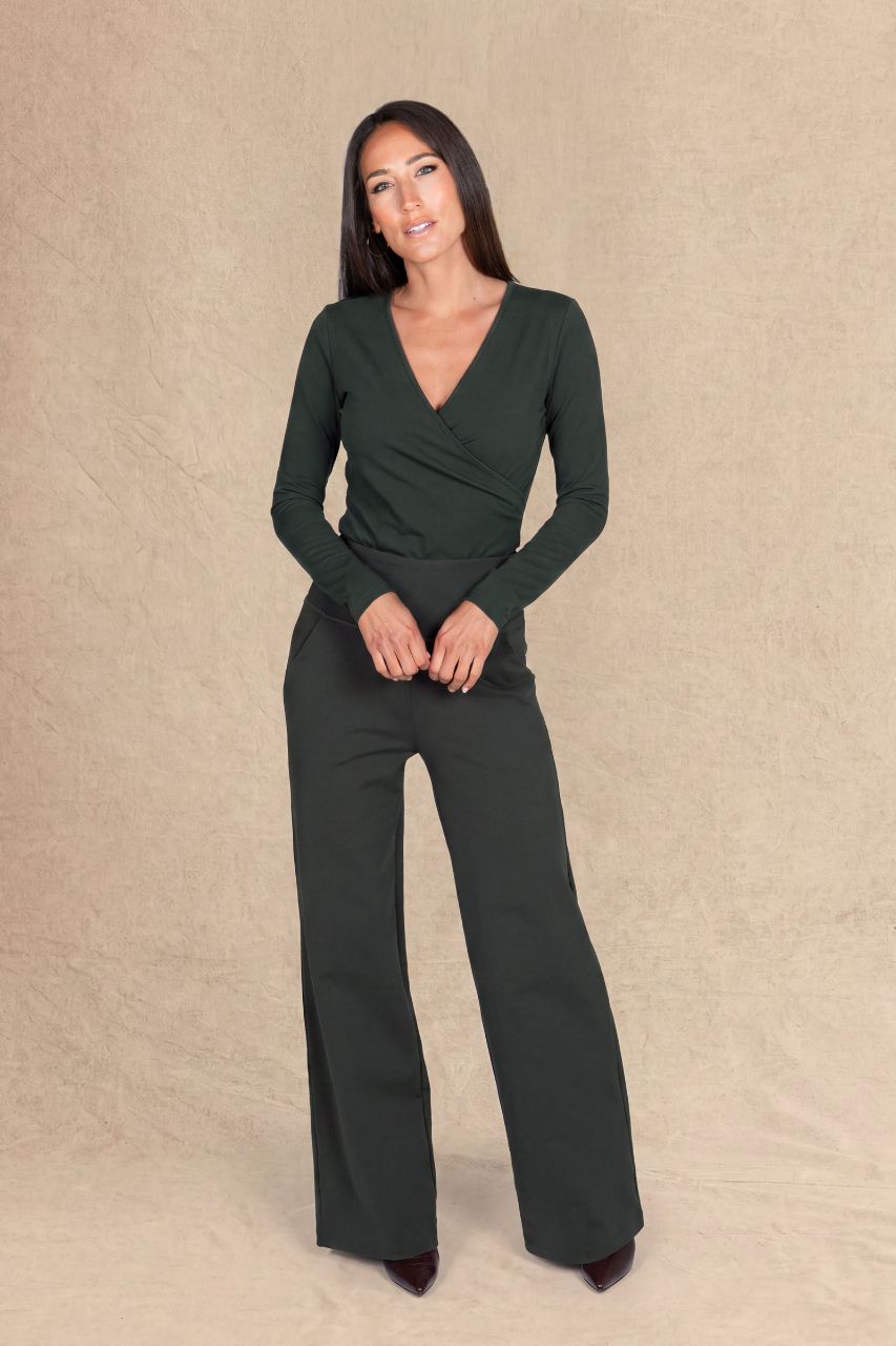 HIGH WAIST WIDE LEG PANT: LODEN GREEN
